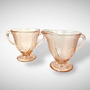 Royal Lace Pink Depression Glass Creamer and Sugar Set Hazel Atlas Vintage 1930s
